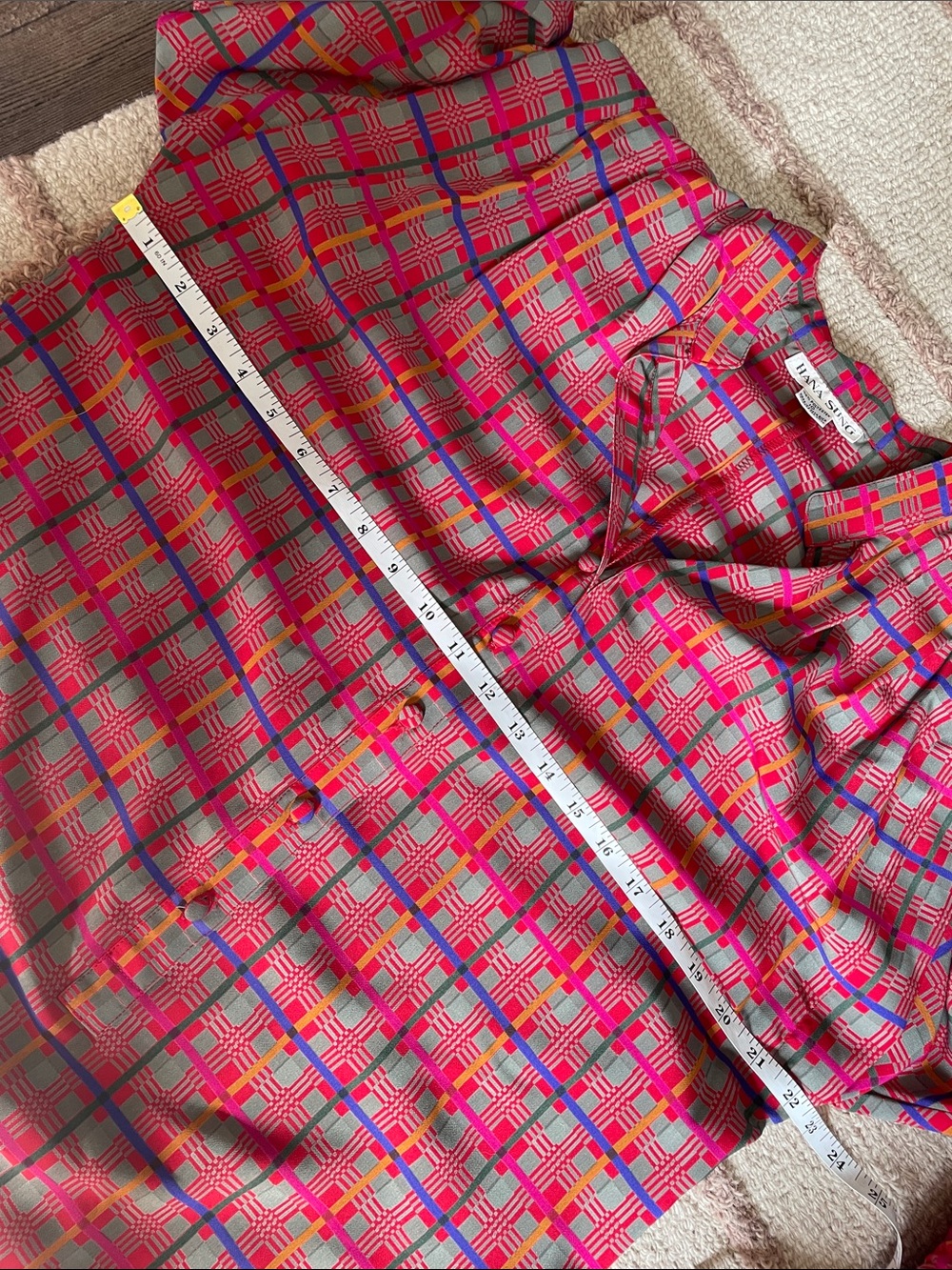 Vintage Hana Sung 1980s Plaid Shirt Dress Midi Belted Shoulder Pads Pink Blue 10 - Picture 10 of 13